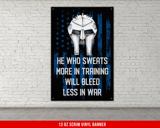 He Who Sweats Banner - Home Gym Decor - Large Motivational Quote Wall Art - Weightlifting - USA Flag