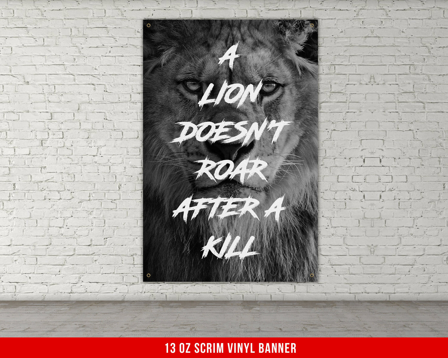 Lion Doesn't Roar Banner - Home Gym Decor - Large Motivational Quote Wall Art - Weightlifting - Sports Inspiration