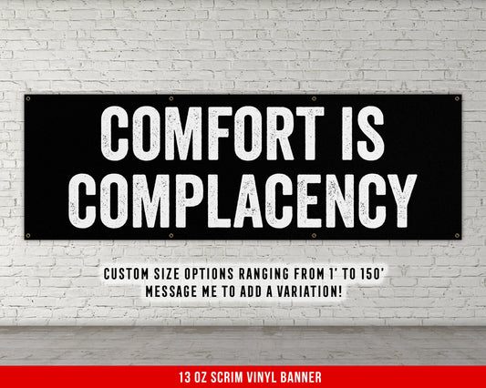 Comfort Complacency Banner - Motivational Home Gym Decor - Large Quote Wall Art - Weightlifting - Inspirational