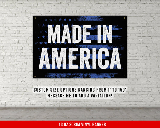 Made In America Banner - Home Gym Decor - Large Motivational Quote Wall Art - Weightlifting - USA Background - Sports Inspiration - Blue