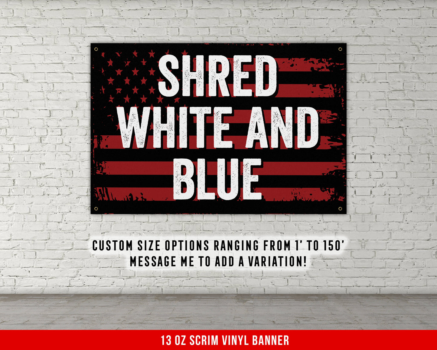 Shred White And Blue Banner - Home Gym Decor - Large Motivational Quote Wall Art - Weightlifting - USA Background - Sports Inspiration