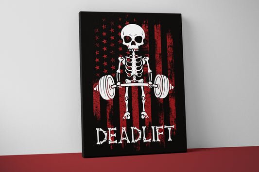 Deadlift Canvas - Home Gym Decor - Large Quote Wall Art - Weightlifting Fitness - Funny Skull - USA Red