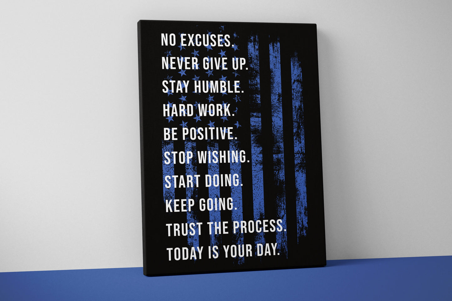 Motivational Quotes Canvas - Home Gym Decor - Large Quote Wall Art - Weightlifting Fitness - Sports - USA Blue