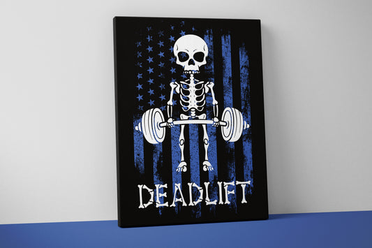 Deadlift Canvas - Home Gym Decor - Large Quote Wall Art - Weightlifting Fitness - Funny Skull - USA Blue