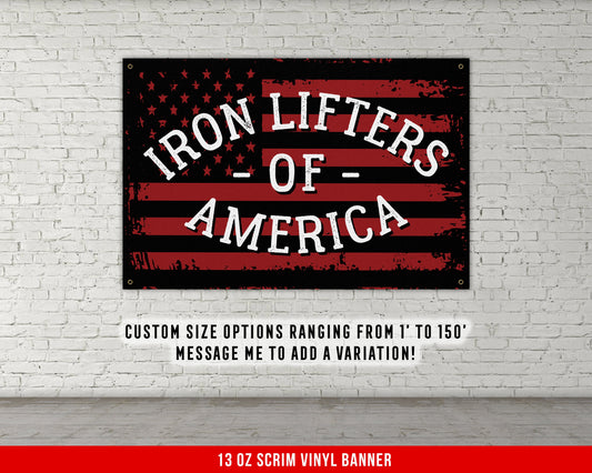 Iron Lifters America Banner - Home Gym Decor - Large Motivational Quote Wall Art - Weightlifting - USA Background - Sports Inspiration