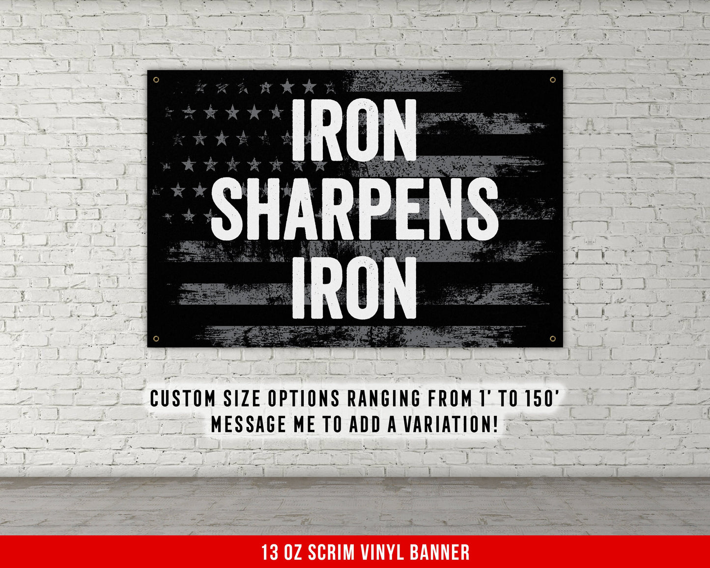 Iron Sharpens Iron Banner - Home Gym Decor - Large Motivational Quote Wall Art - Weightlifting - USA Background - Sports (Gray)