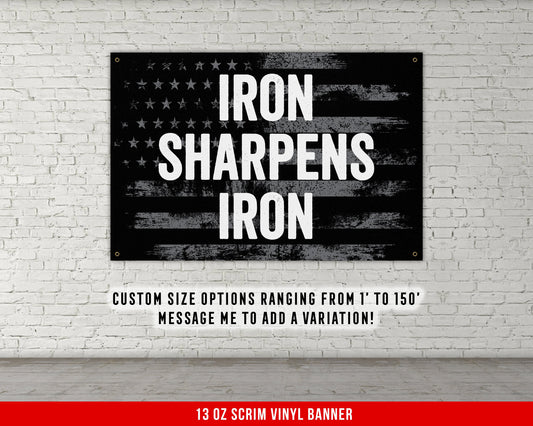 Iron Sharpens Iron Banner - Home Gym Decor - Large Motivational Quote Wall Art - Weightlifting - USA Background - Sports (Gray)