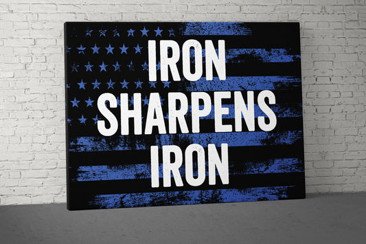 Iron Sharpens Iron Canvas - Home Gym Decor - Large Motivational Quote Wall Art - Weightlifting Fitness - Sports - Blue