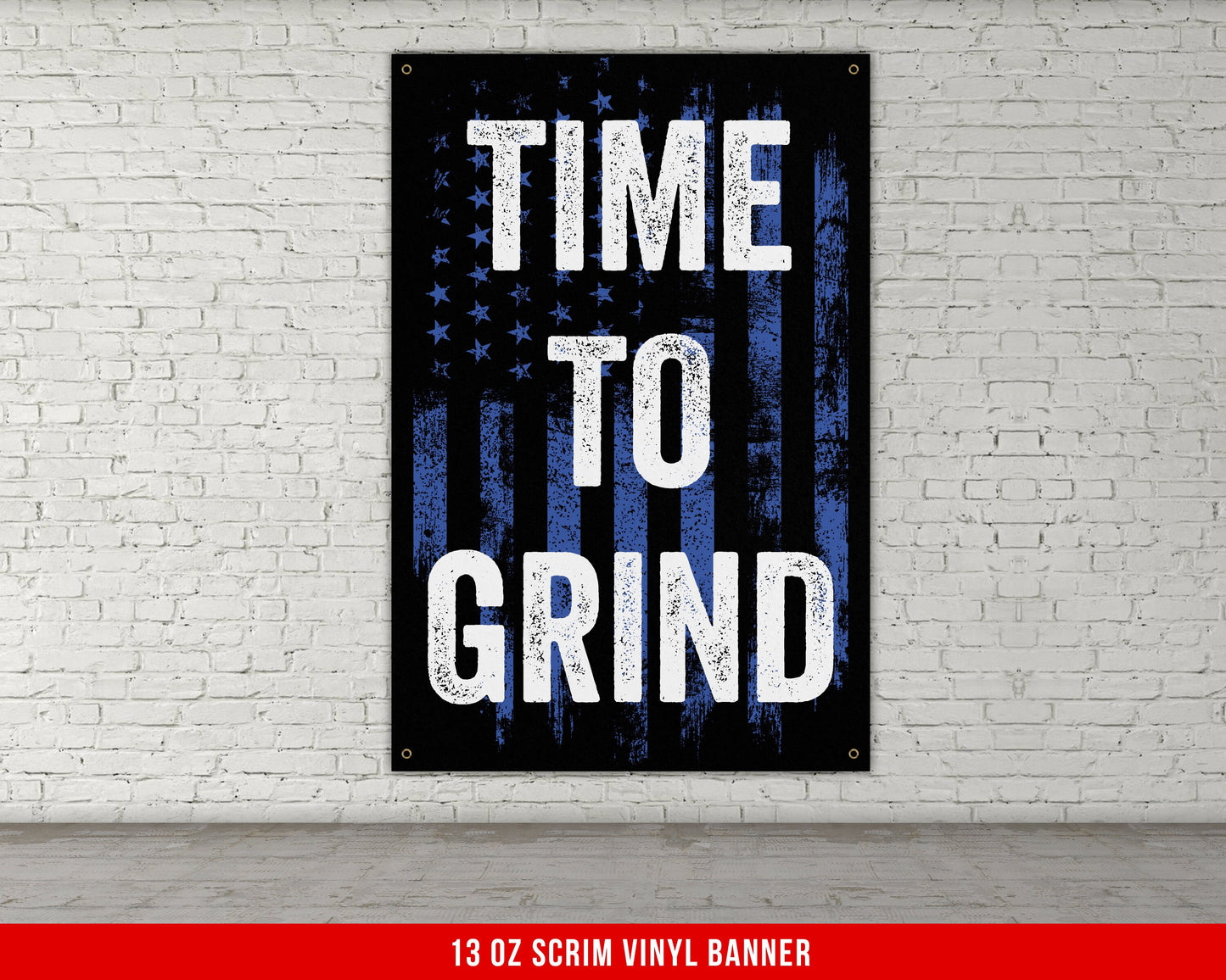 Time To Grind Banner - Home Gym Decor - Large Motivational Quote Wall Art - Weightlifting - USA Flag (Blue)