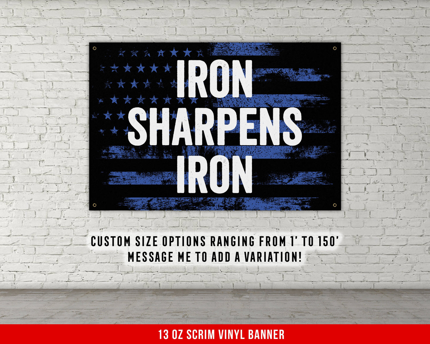 Iron Sharpens Iron Banner - Home Gym Decor - Large Motivational Quote Wall Art - Weightlifting - USA Background - Sports (Blue)