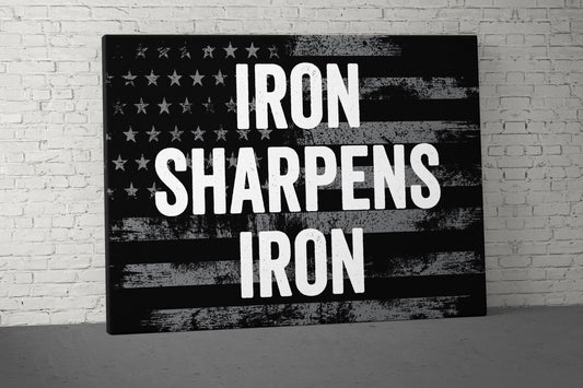 Iron Sharpens Iron Canvas - Home Gym Decor - Large Motivational Quote Wall Art - Weightlifting Fitness - Sports - Gray