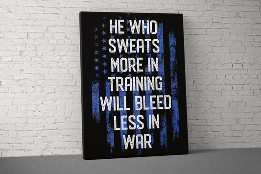 He Who Bleeds Less Canvas - Motivational Home Gym Decor - Large Quote Wall Art - Weightlifting Fitness - Sports Inspirational - Blue