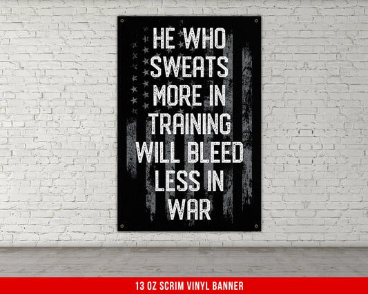 He Who Sweats Banner - Home Gym Decor - Motivational Quote Wall Art - Weightlifting - Garage - USA Grey