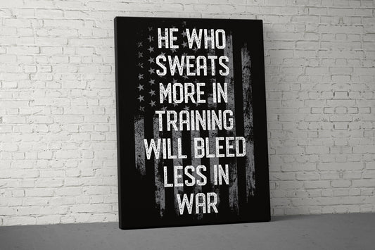 He Who Bleeds Less Canvas - Motivational Home Gym Decor - Large Quote Wall Art - Weightlifting Fitness - Sports Inspirational - Grey