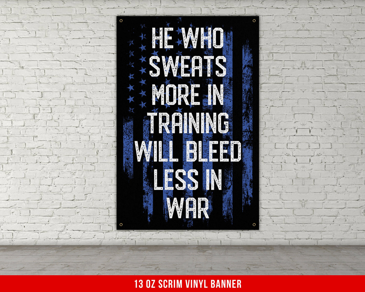 He Who Sweats Banner - Home Gym Decor - Motivational Quote Wall Art - Weightlifting - Garage - USA Blue