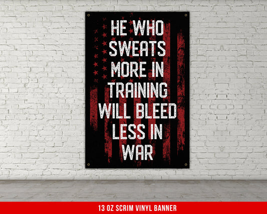 He Who Sweats Banner - Home Gym Decor - Motivational Quote Wall Art - Weightlifting - Garage - USA Red