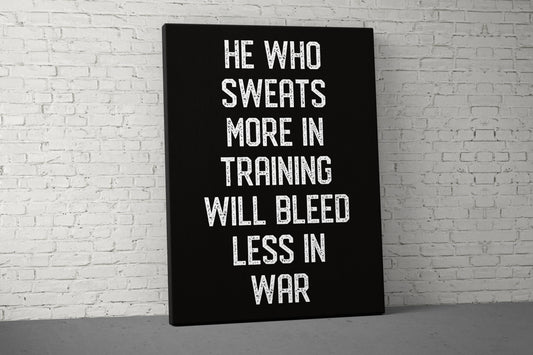 He Who Sweats Canvas - Home Gym Decor - Large Motivational Quote Wall Art - Weightlifting Fitness Training - Garage Basement