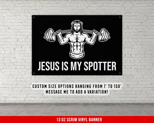 Jesus Spotter Banner - Home Gym Decor - Large Quotes Wall Art - Motivational Fitness Weightlifting - Christian