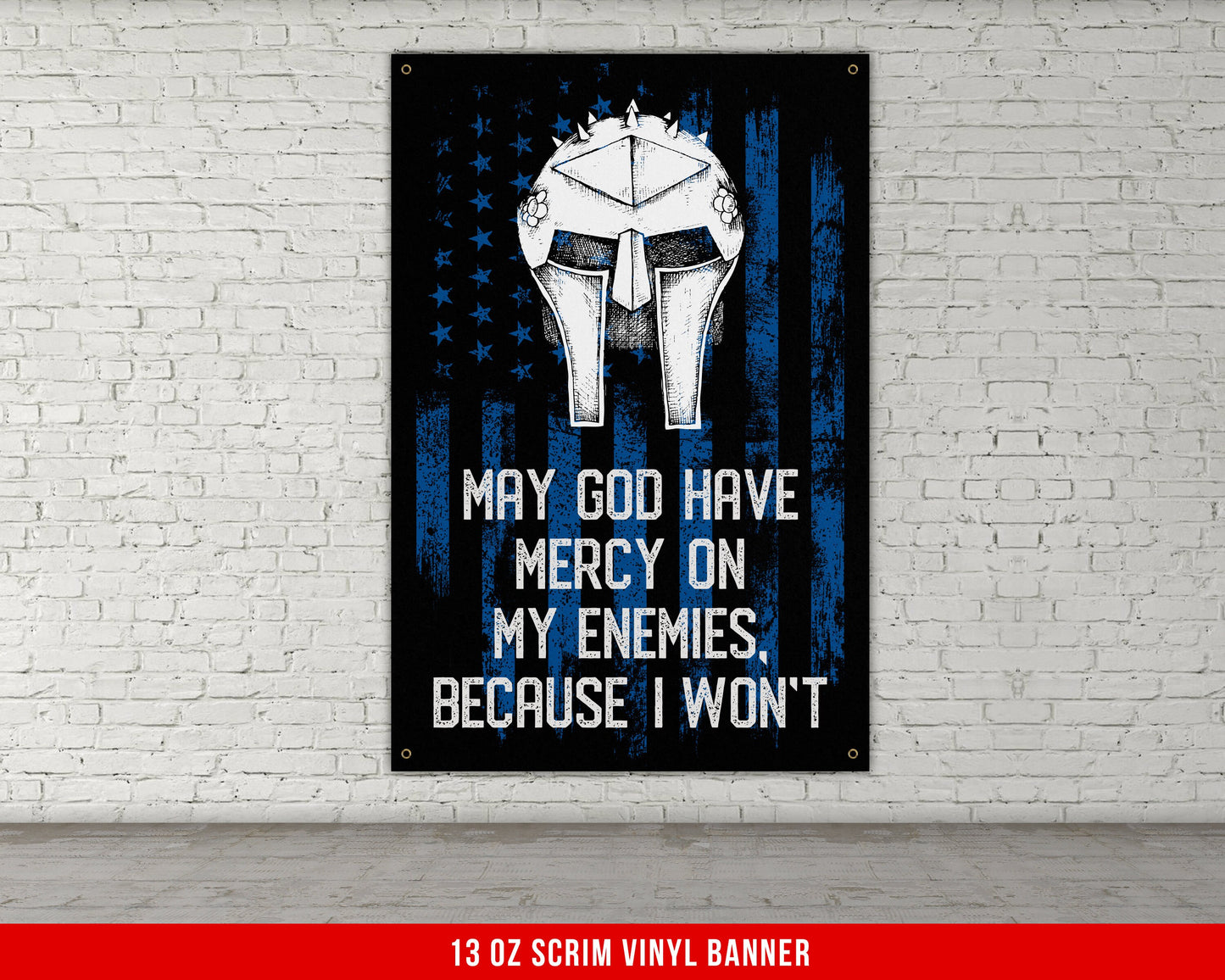 May God Have Mercy Banner - Home Gym Decor - Large Motivational Quote Wall Art - Weightlifting - USA (Blue)