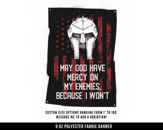 May God Have Mercy Cloth Banner - Home Gym Decor - Large Wall Art Quote - Weightlifting Workout - USA (Red)