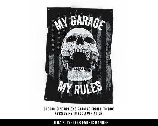 My Garage My Rules Cloth Banner - Home Gym Decor - Large Wall Art Quote - Weightlifting Workout - USA (Gray)