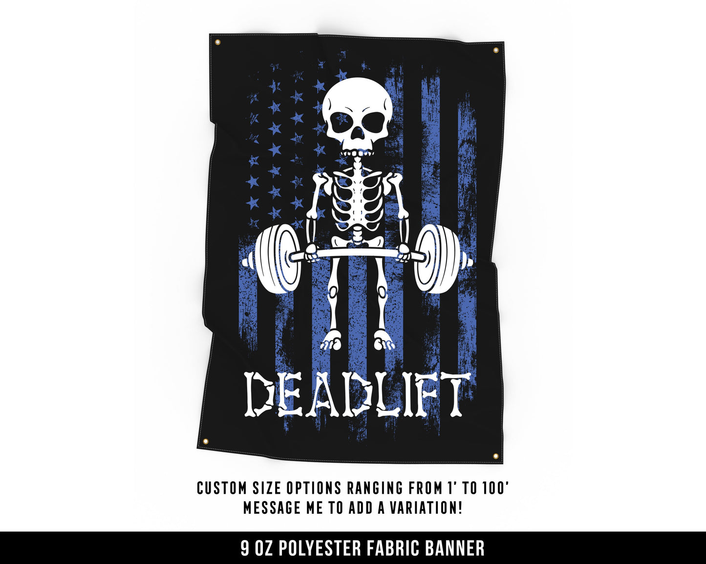 Deadlift Skull Cloth Banner - Home Gym Decor - Large Wall Art Quote - Weightlifting Workout - USA (Blue)