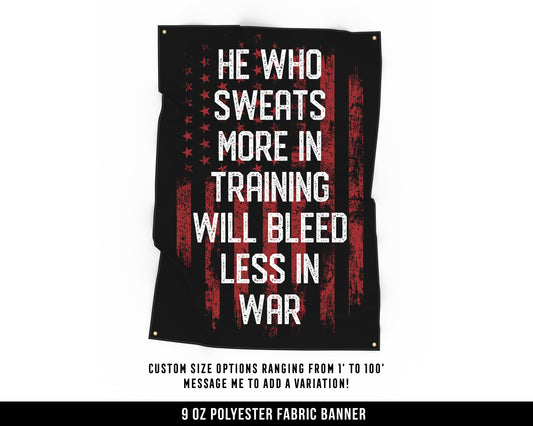 He Who Sweats Cloth Banner - Home Gym Decor - Large Wall Art Quote - Weightlifting Workout - USA (Red)