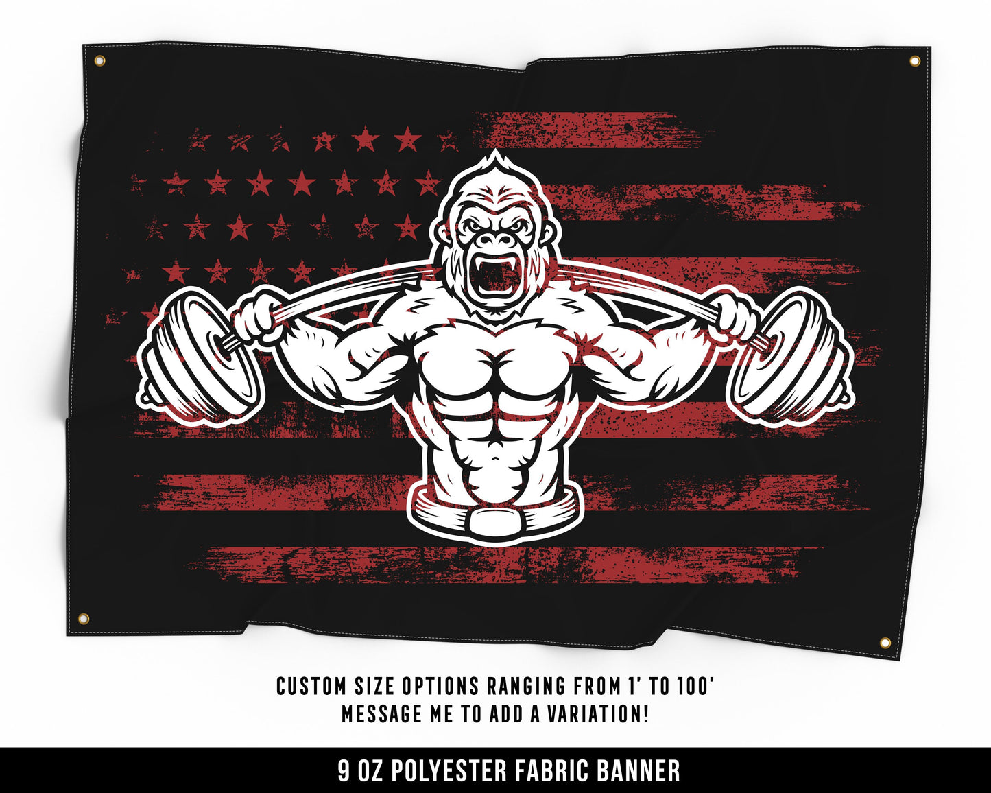 Gorilla Weights Cloth Banner - Home Gym Decor - Large Wall Art Quote - Weightlifting Workout - USA (Red)