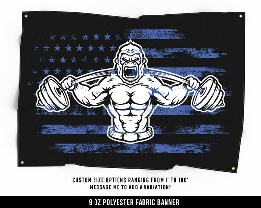 Gorilla Weights Cloth Banner - Home Gym Decor - Large Wall Art Quote - Weightlifting Workout - USA (Blue)