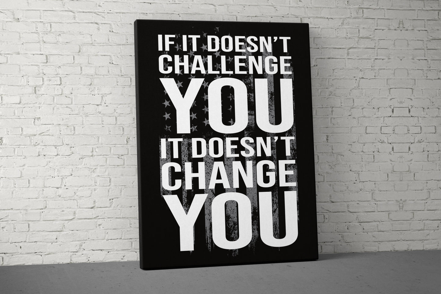 If It Doesn't Challenge Canvas - Home Gym Decor - Large Quote Wall Art - Motivational Fitness Weightlifting - USA Gray