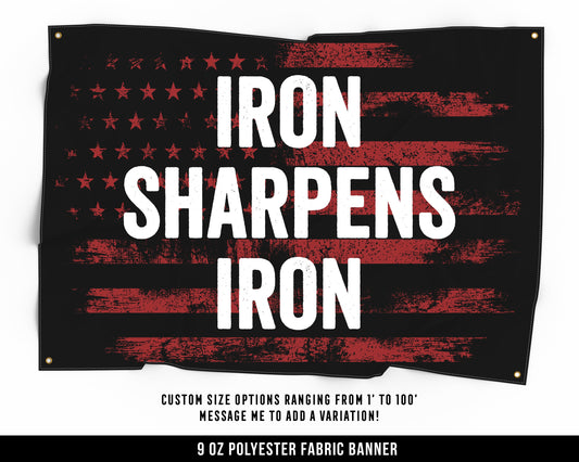 Iron Sharpens Iron Cloth Banner - Home Gym Decor - Large Wall Art Quote - Weightlifting Workout USA - Red