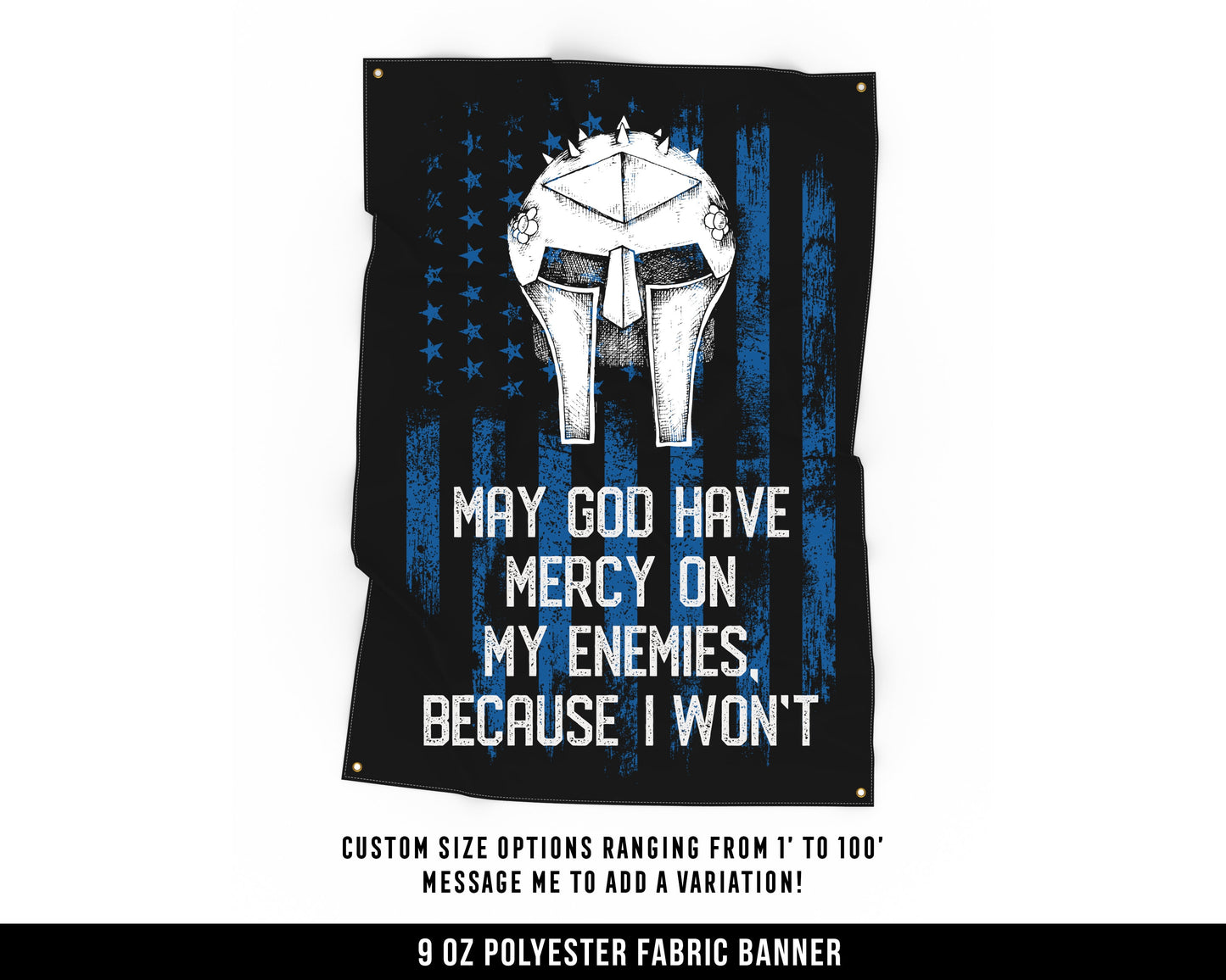 May God Have Mercy Cloth Banner - Home Gym Decor - Large Wall Art Quote - Weightlifting Workout - USA (Blue)