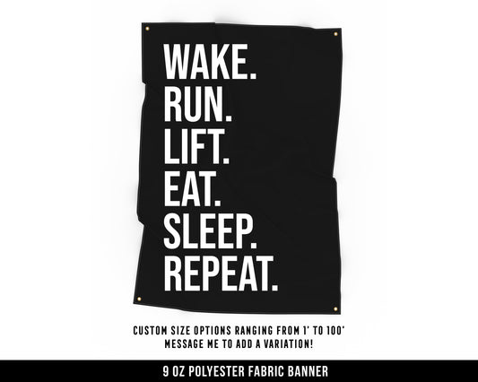 Wake Run Lift Cloth Banner - Home Gym Decor - Large Wall Art Quote - Fitness Runner Workout Gift