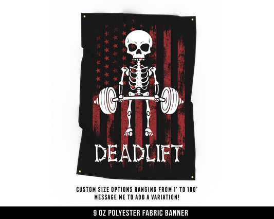 Deadlift Skull Cloth Banner - Home Gym Decor - Large Wall Art Quote - Weightlifting Workout - USA (Red)