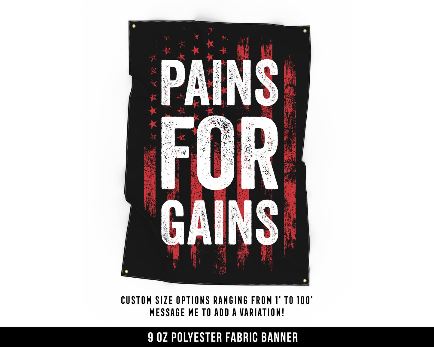 Pains For Gains Cloth Banner - Home Gym Decor - Large Wall Art Quote - Weightlifting Workout - USA (Red)