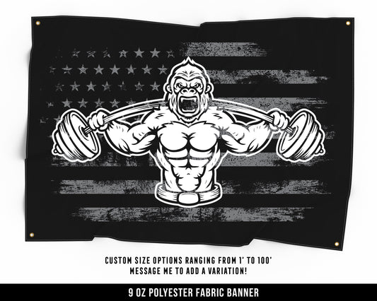 Gorilla Weights Cloth Banner - Home Gym Decor - Large Wall Art Quote - Weightlifting Workout - USA (Gray)