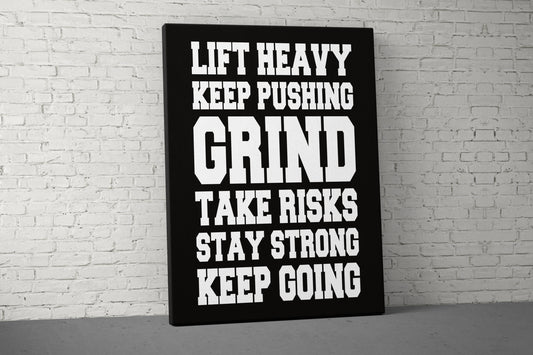 Lift Heavy Keep Pushing Canvas - Home Gym Decor - Office Large Motivational Quote Wall Art - Weightlifting Fitness