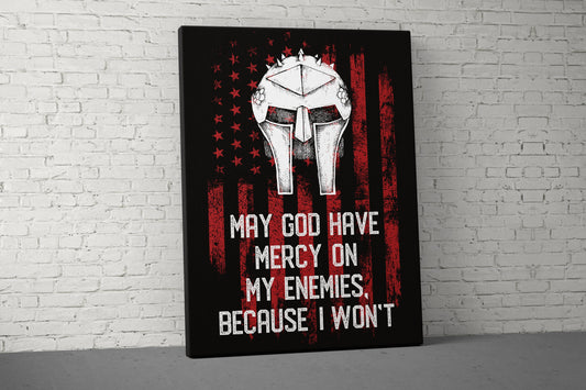 May God Have Mercy Canvas - Home Gym Decor - Large Quote Wall Art - Motivational Fitness Weightlifting - USA Red