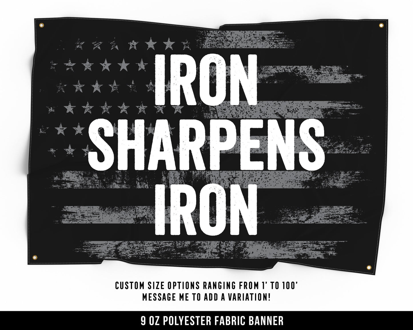 Iron Sharpens Iron Cloth Banner - Home Gym Decor - Large Wall Art Quote - Weightlifting Workout USA - Gray