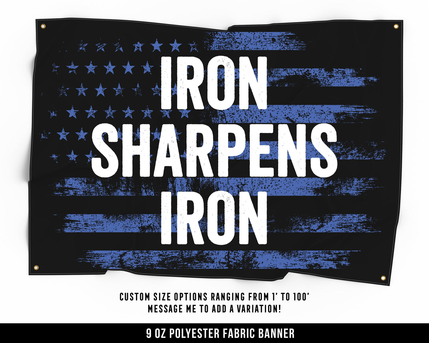 Iron Sharpens Iron Cloth Banner - Home Gym Decor - Large Wall Art Quote - Weightlifting Workout USA - Blue