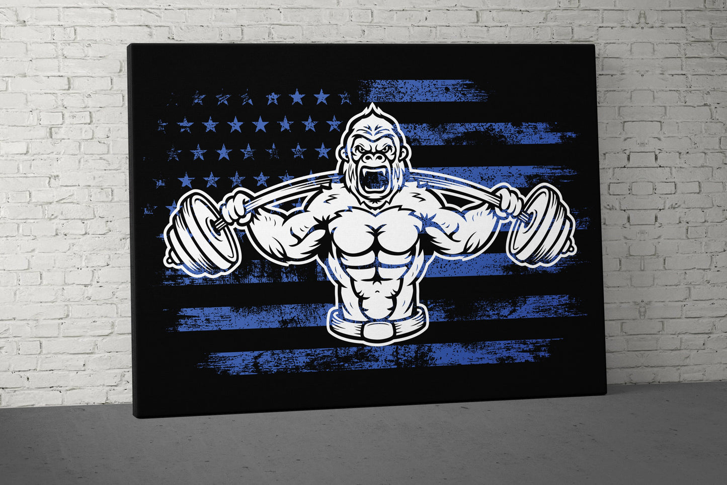 Gorilla Weights Canvas - Home Gym Decor - Large Quote Wall Art - Motivational Fitness Weightlifting - USA Blue