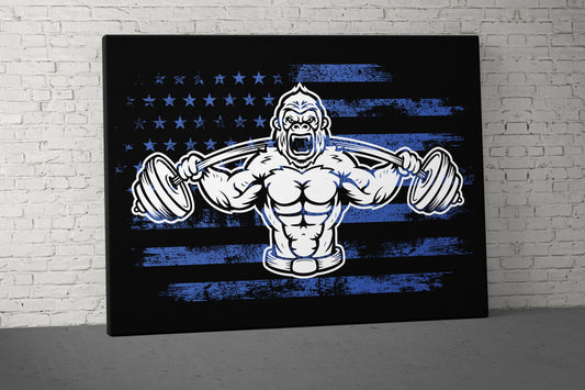 Gorilla Weights Canvas - Home Gym Decor - Large Quote Wall Art - Motivational Fitness Weightlifting - USA Blue