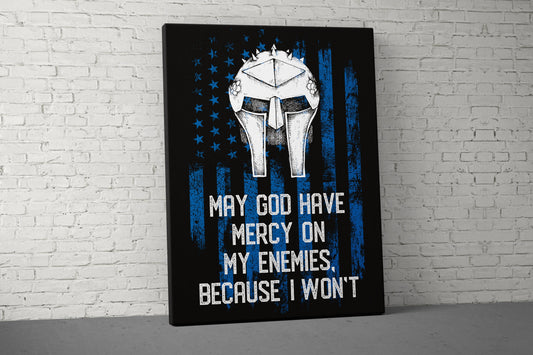 May God Have Mercy Canvas - Home Gym Decor - Large Quote Wall Art - Weightlifting Fitness - Sports Funny - USA Blue