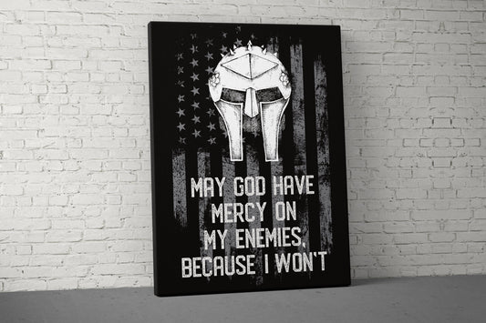 May God Have Mercy Canvas - Home Gym Decor - Large Quote Wall Art - Weightlifting Fitness - Sports Funny - USA Gray