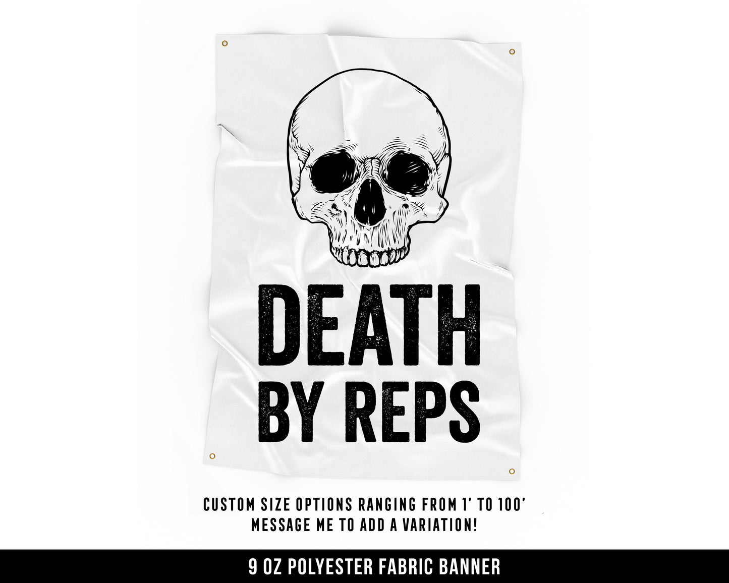 Death By Reps Cloth Banner - Home Gym Decor - Large Wall Art Quote - Motivational Fitness - Skull Flag