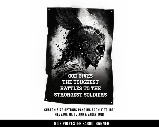 Toughest Battles Cloth Banner - Home Gym Decor - Large Wall Art Quote - Motivational Sign Flag - Spartan