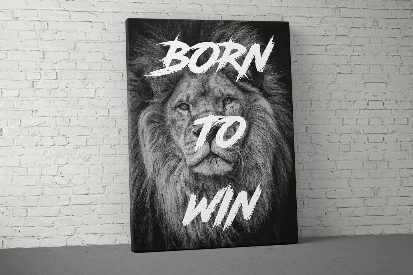 Born To Win Canvas - Home Gym Decor - Large Quote Wall Art - Weightlifting Fitness Sign - Lion