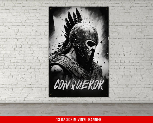 Conqueror Spartan Warrior Banner - Home Gym Decor - Large Motivational Wall Art - Weightlifting - Fitness Inspiration