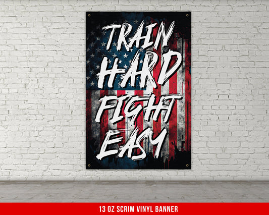 Train Hard Fight Easy Banner - Home Gym Decor - Large Motivational Quote Wall Art - Weightlifting - USA Patriotic