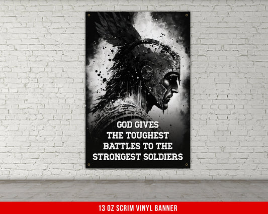 God Gives The Toughest Battles Banner - Home Gym Decor - Large Motivational Quote Wall Art - Weightlifting